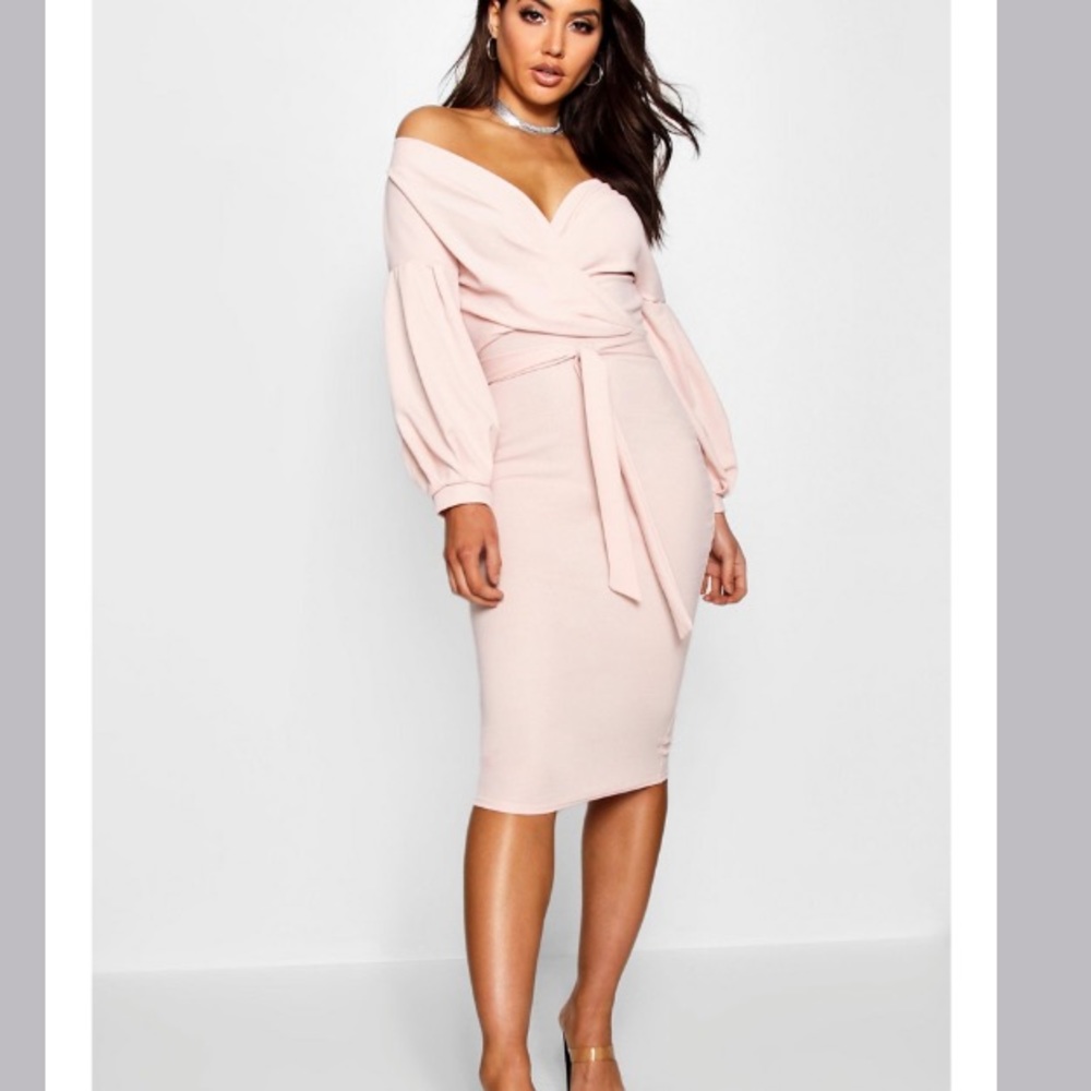 NWT BOOHOO Off Shoulder Wrap Midi Bodycon Dress